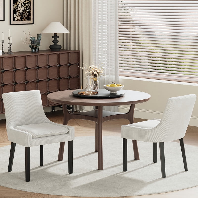 COLAMY Modern Dining Chairs Set of 2, Upholstered Corduroy Accent Side Leisure Chairs with Mid Back and Wood Legs for Living Room/Dining Room-Beige