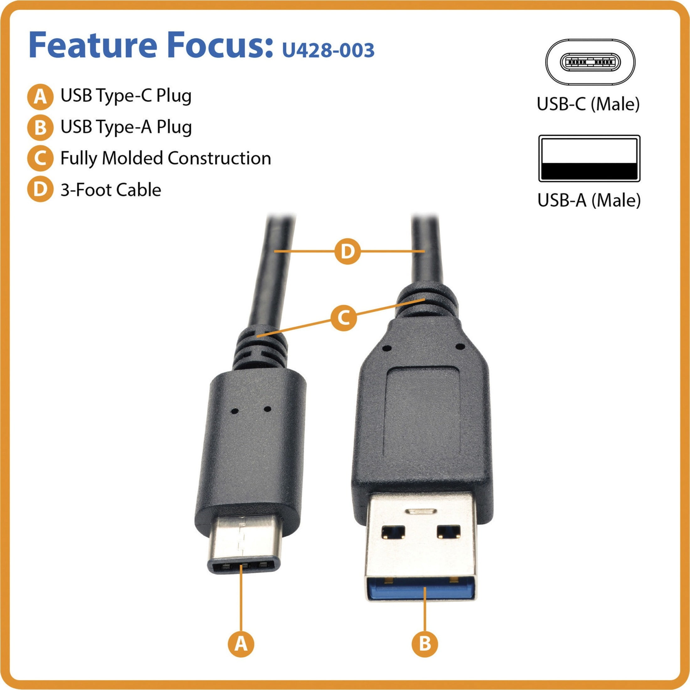 Tripp Lite U428-003 3' USB 3.1 Type C to USB 3.0 Type A Cable