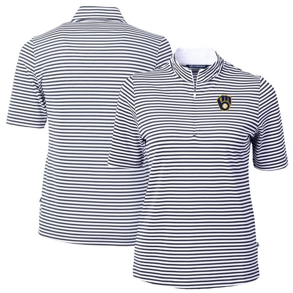 Women's Cutter & Buck  Navy Milwaukee Brewers Virtue Eco Pique Stripe Top