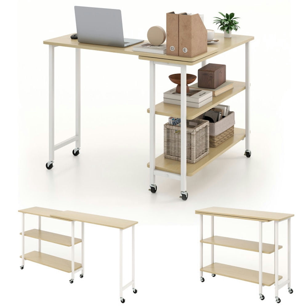 Demi Bonn 360° Rotating Computer Desk with 2-Tier Storage Shelves, Small Home Office Desk Study Writing Table, Beige