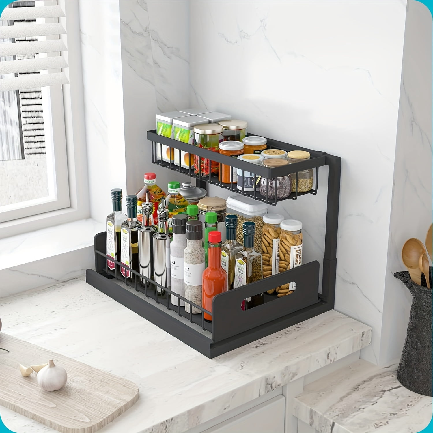 2-Tier Slide-Out Under Sink Organizer - Heavy-Duty Cast Iron Pull-Out Cabinet Shelf with Adjustable Compartments, Space-Saving Storage for Kitchen & Bathroom Cabinets