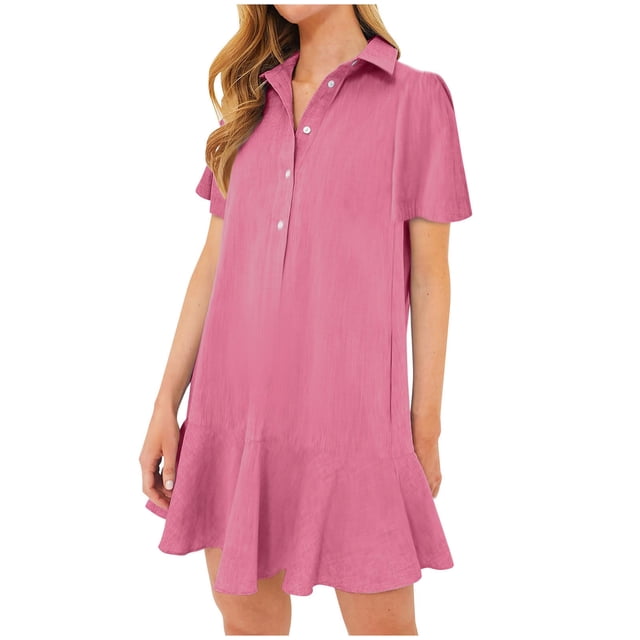 Women's Summer Solid Color Lapel Short Sleeved Buttoned Open Chest Pleated Ruffled Dress Short Skirt,Stylish Lapel Dress with Short Sleeves, Button Detail, and Pleated Ruffles Ultra-Comfortable Fit