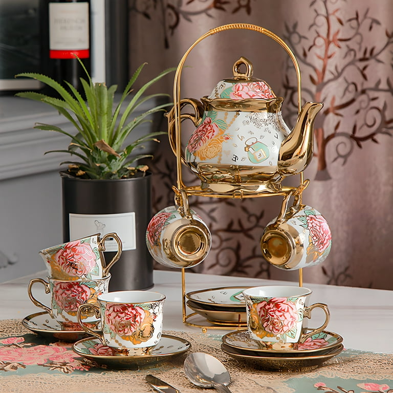 20 Pcs Cup Set,Ceramics Vintage Tea Cup Set Coffee Set with Metal Holder,  Porcelain Tea Set for Adult,Gold(ANJORALA )