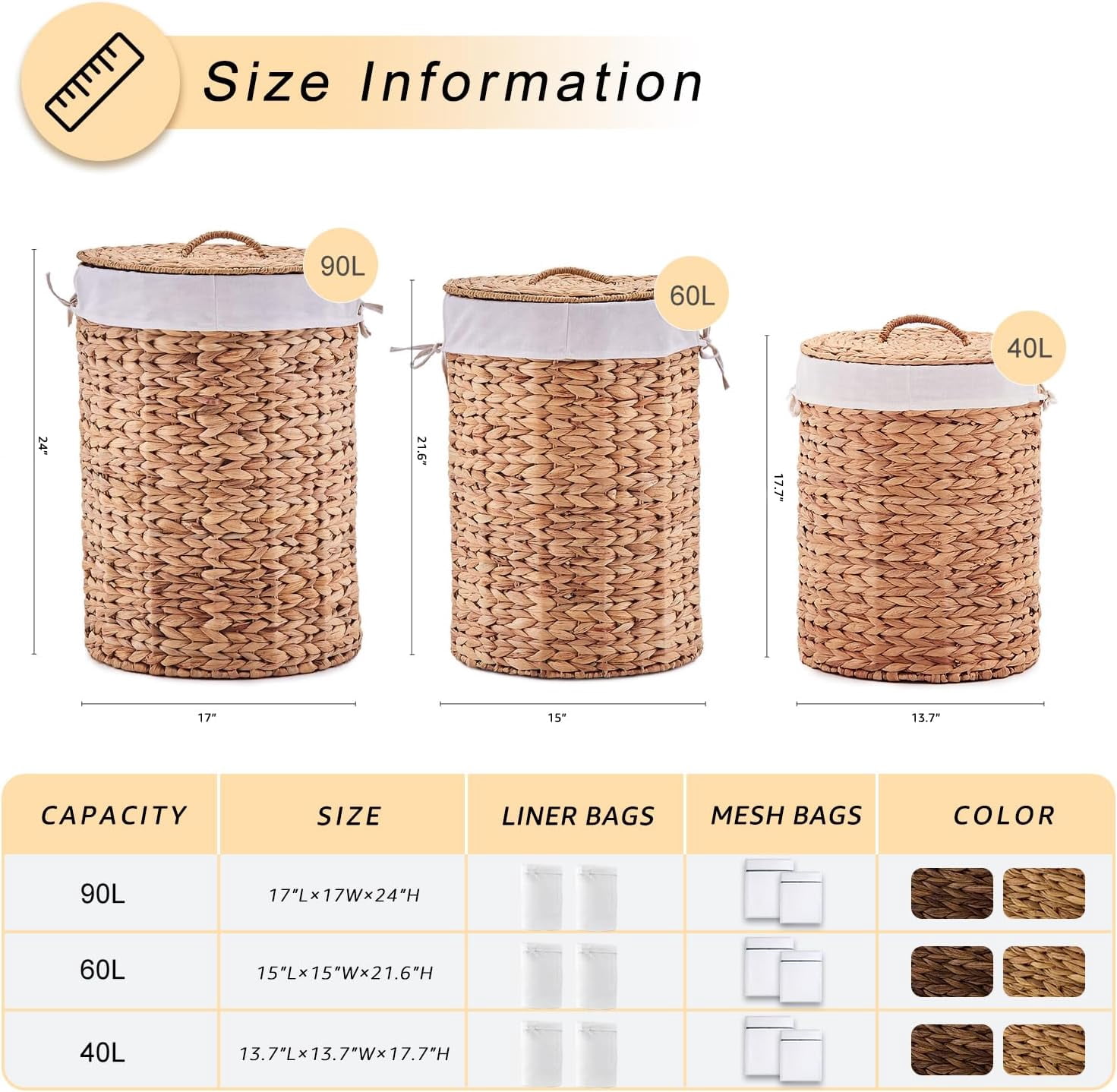 Casa Pura Furniture Handwoven Water Hyacinth Laundry Hamper with Lid, 60L Wicker Storage Basket with Handles for Home Organization, Bedroom Bathroom Use