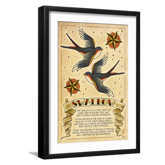 Art.com Tattoo Flash Sheet - Swallow Art Print by Lantern Press, Black Frame Wall Art, 17" x 23"