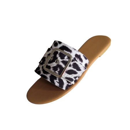 

Cglfd Large Size Leopard Print 2021 Belt Buckle Flip-Flop Open Toe Flat Beach Shoes
