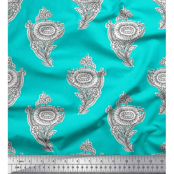 Soimoi Modal Satin Fabric Leaves & Floral Block Print Sewing Fabric Yard 42 Inch Wide