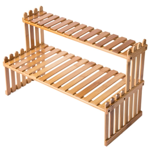 MyGift Tabletop Natural Bamboo Plant Stand, 2 Tier Desktop Shelf Rack