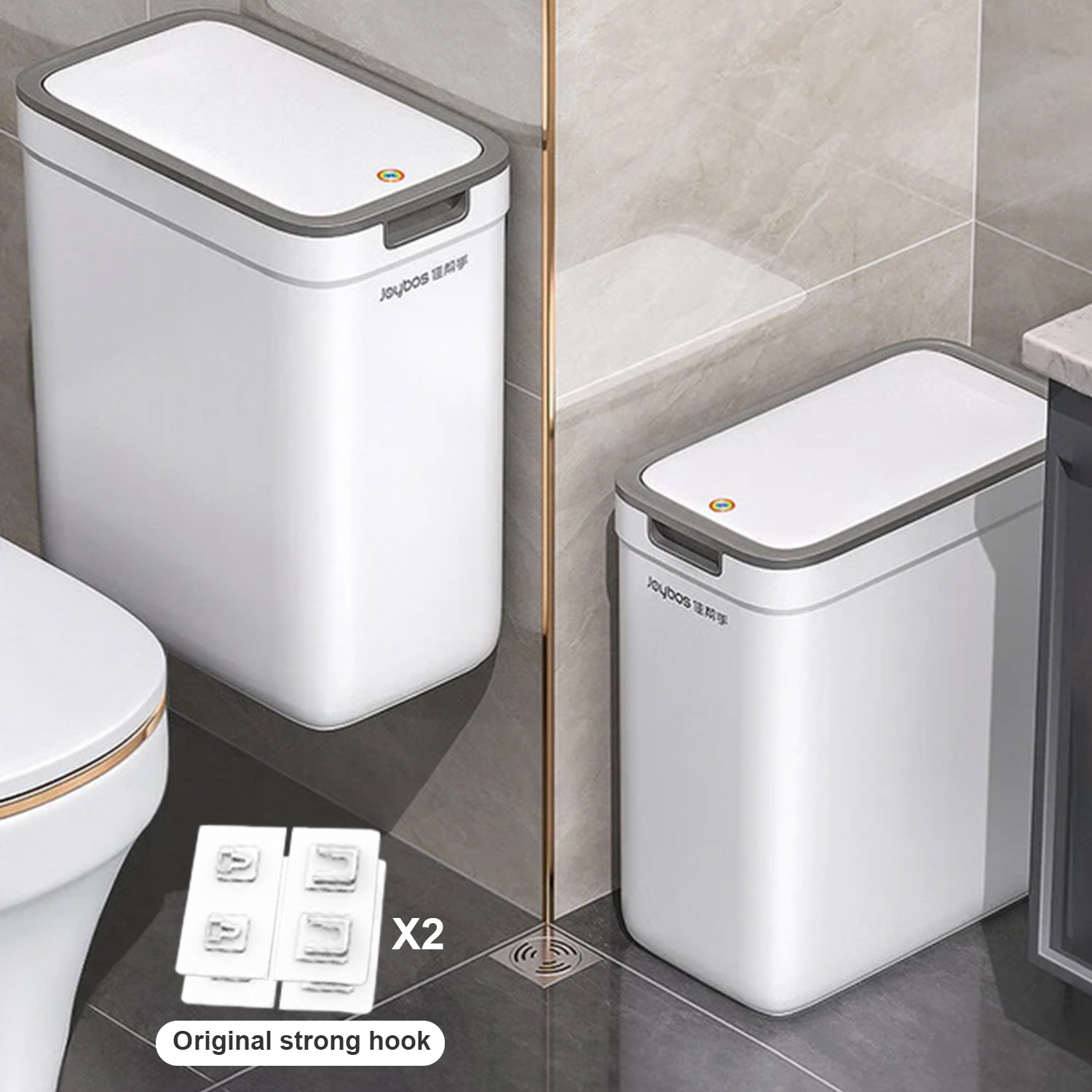 Joybos 2 Pack Bathroom Trash Can with Lid, 3.6Gal + 2.4Gal Garbage Can with Pop-Up Lid, Small Trash Can Dog Proof, Slim Trash Bin Waste Basket for Toilet, Office, Bedroom, Living Room, Kitchen