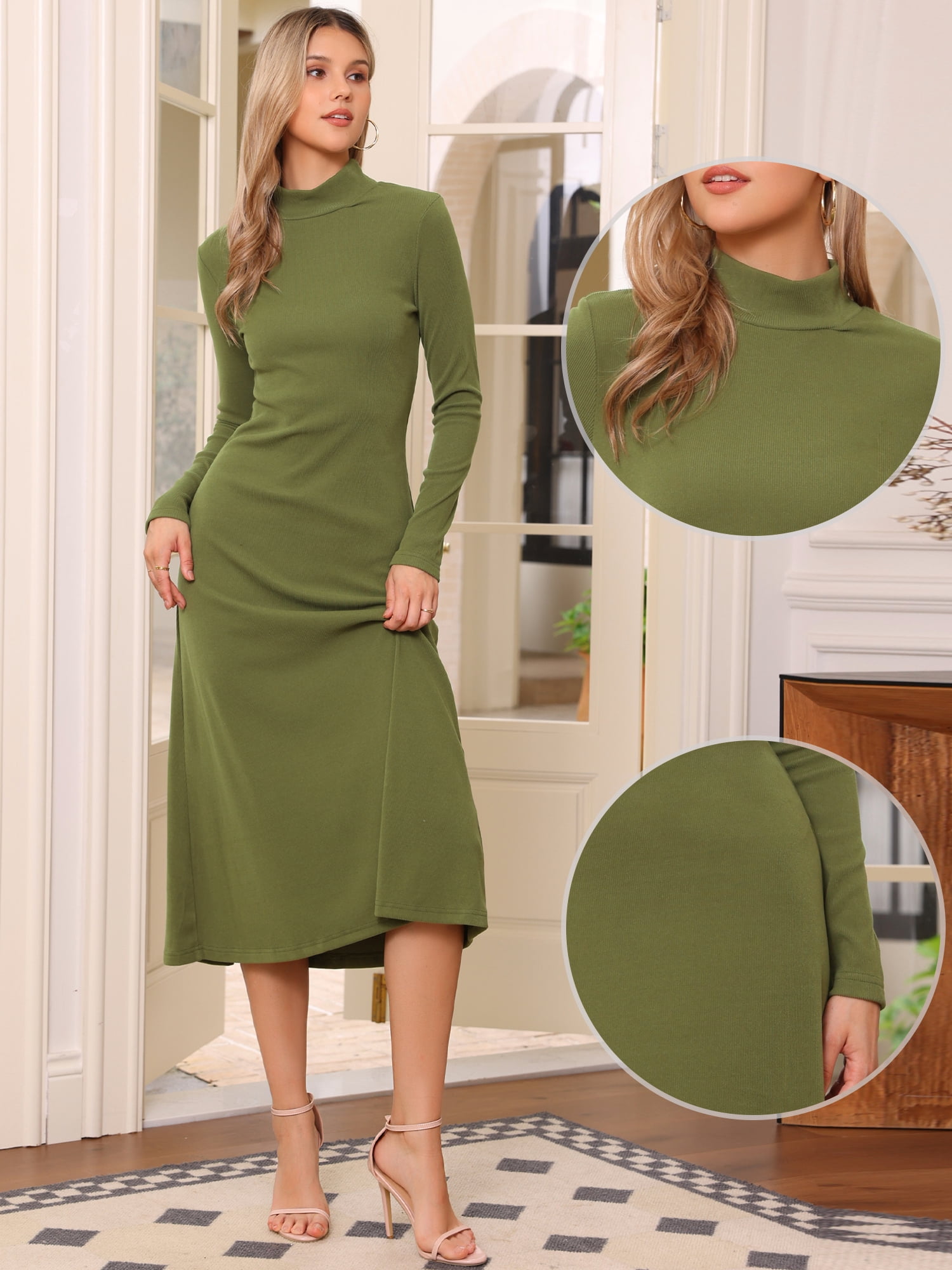 DARING DIVA Sweater Turtleneck Long Sleeve Ribbed Knit Maxi Dress S Avocado Green