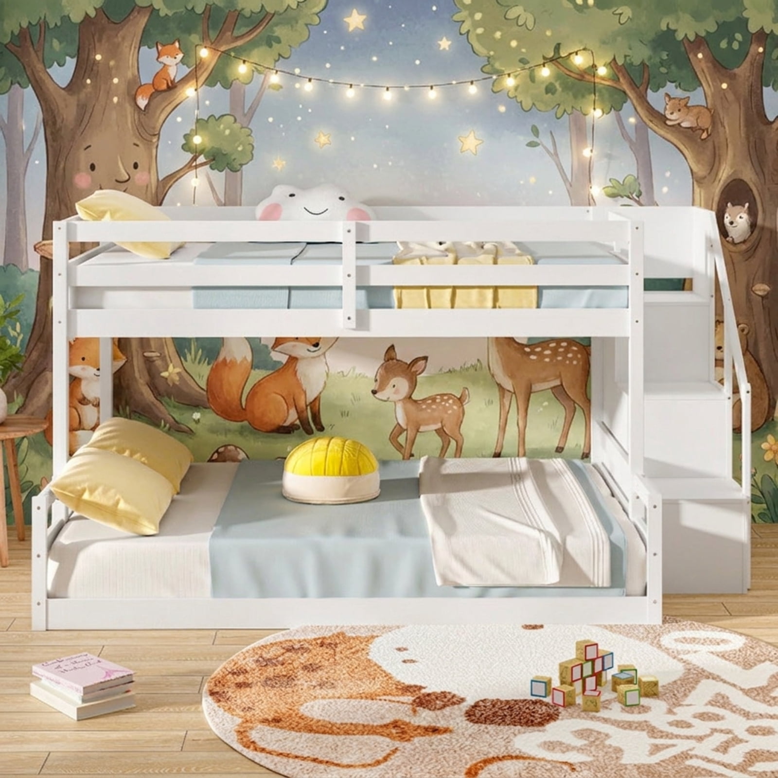Furnibear Solid Wood Twin Over Full Low Bunk Bed with Storage Stairs and Headboard for Kids Bedroom Platform Sleep Space, White