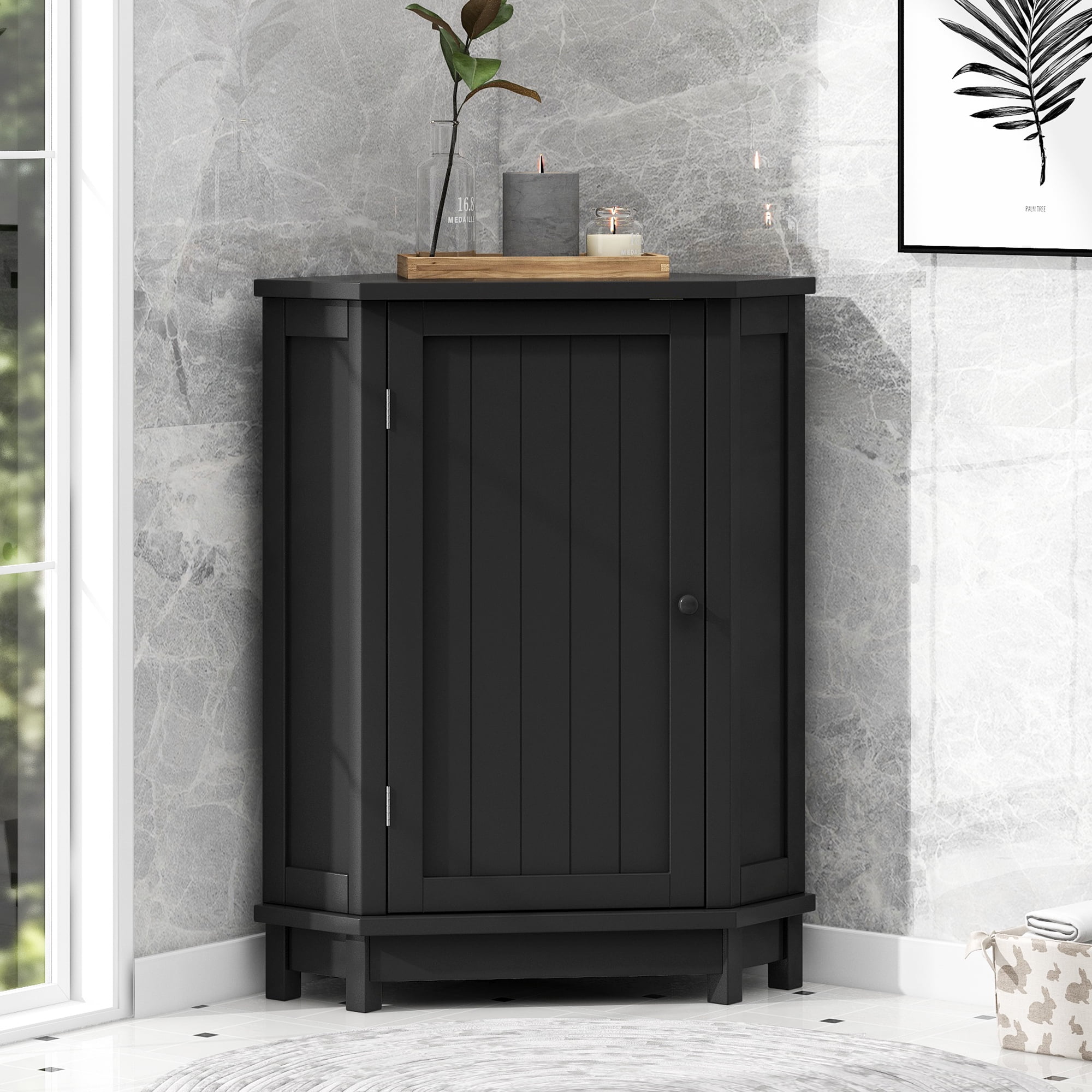 EUROCO Modern Triangle Bathroom Storage Cabinet,Freestanding Floor Corner Storage Cabinet with 1 Door & Adjustable Shelf for Bathroom Living Room Kitchen,Black