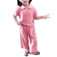 thumbnail image 4 of Ruyang Kids Girls Knit 2 Piece Set Short Sleeve Button Down Shirt + Drawstring Pants Toddler Cotton Loungewear Ribbed Knit Set, 4 of 9