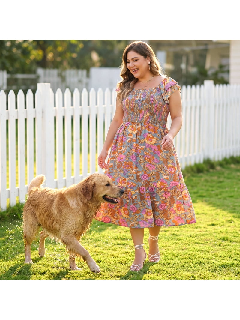 Grace & Grandeur Women's Plus Size Dresses Square Neck Short Sleeve Smocked Flowy Summer Midi Dress 4X Grey Green, Size: 4XL