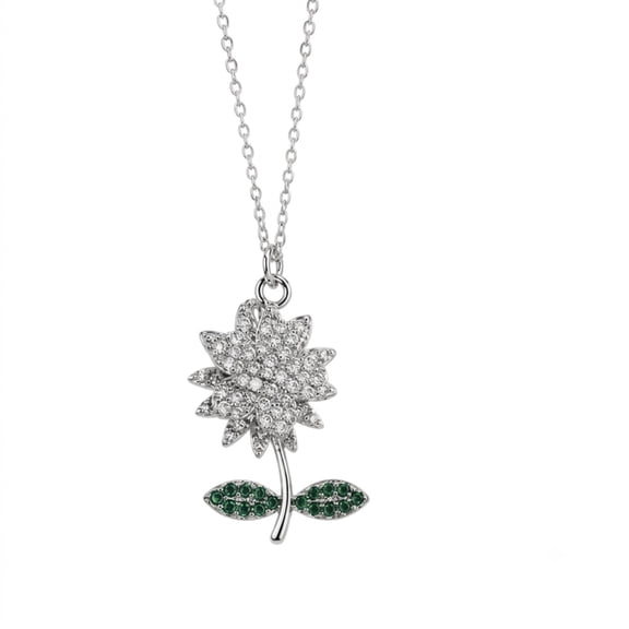 AlKhalil -Elegant Crystal Flower Pendant Necklace – Silver Chain with Green Gem Leaves