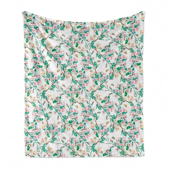 Flower Soft Flannel Fleece Throw Blanket, Pink Cherry Blossoms Pattern with Bumble Bees Japanese Spring Themed Print, Cozy Plush for Indoor and Outdoor Use, 50" x 60", Pink Green, by Ambesonne