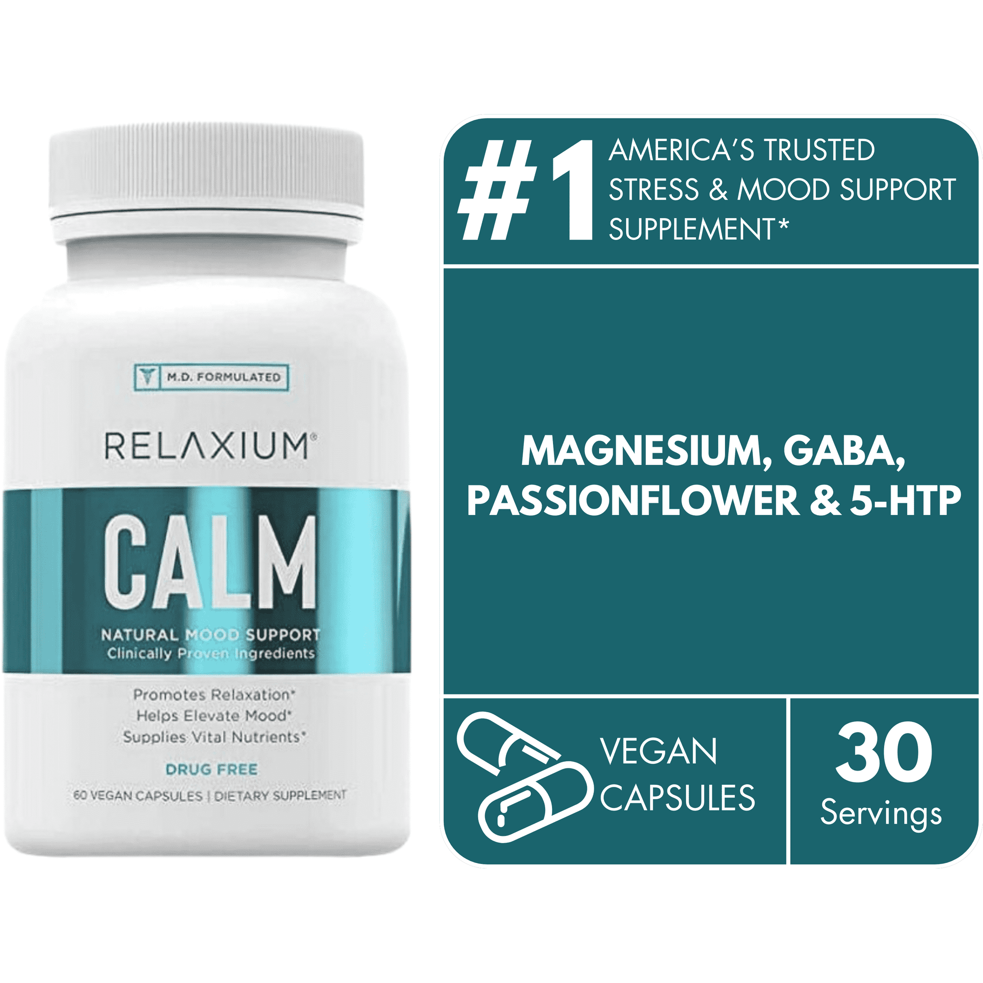 Relaxium Calm Stress & Mood Support Supplement with Ashwagandha, 5-HTP, GABA, Non-Habit Forming, 60 Vegan Capsules