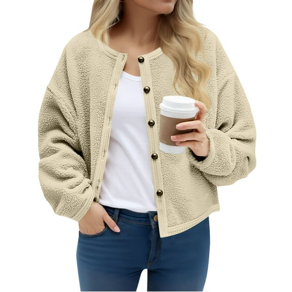 WMTBSRSW Women Fuzzy Fleece Short Bomber Jackets Fashion Crewneck Button Down Jackets Winter Warm Casual Jackets S,M,L,XL,XXL