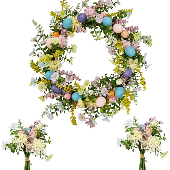 Easter Wreath 24 Inch for Front Door Artificial Spring Floral Wreath with Greenery Decorative Eggs Real Rattan Base and 2 Matching Bouquets for Home Decor