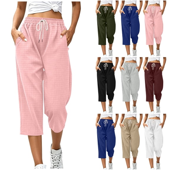 Bloomae Waffle Knit Capri Pants for Women Lightweight Casual Drawstring Elastic High Waist Comfy Lounge Cropped Trousers Loose Straight Leg Jogger Capris with Pockets
