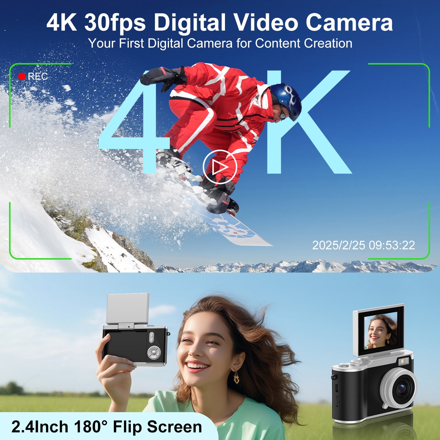 AndHot Digital Camera Kids Camera FHD 1080P 48MP Vlogging Camera with 180°Flip Screen 16X Zoom,Portable Digital Video Cameras Travel Compact Camera Autofocus with 32GB Card for Home or Travel(Black)