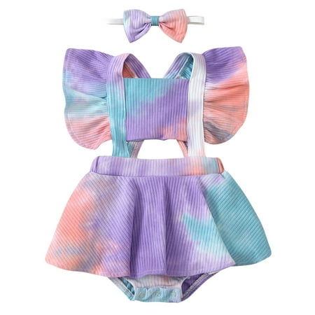 

RPVATI Baby Girls with Headband Summer Tie-dye Romper Ribbed Infant Outfits Sleeveless Ruffle Clothes 0-24M