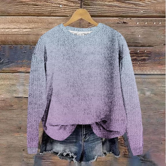 Guieoi Womens Sweaters 2025 Winter Trendy Womens Sweaters Clearance Printed Casual Long Sleeve Ladies Loose Hoodless Sweater Blouse Purple Black*Friday/Cyber*Monday Clearance
