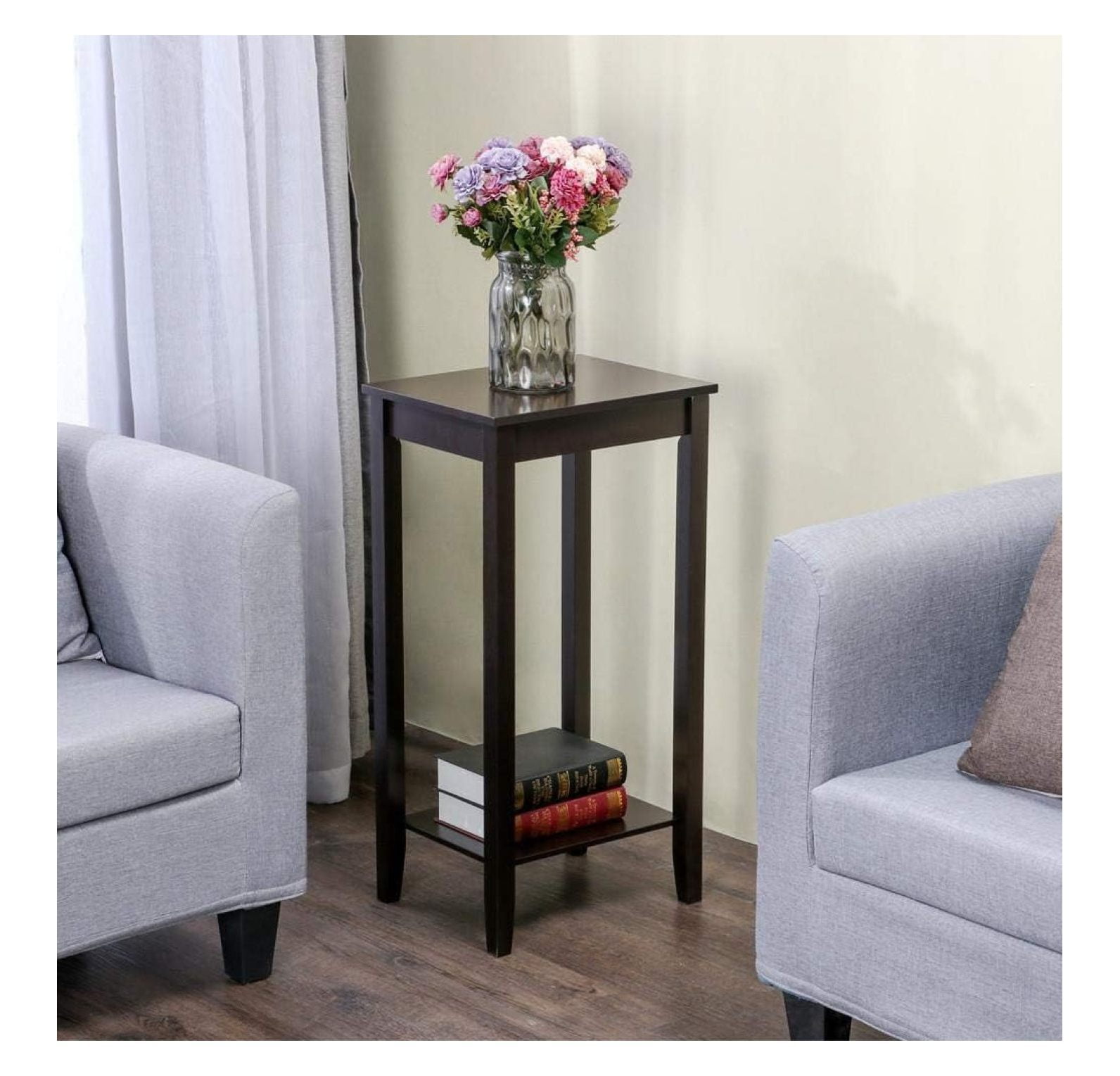2-Tier Tall End Table with Storage Shelf and Solid Wood Legs, Sofa Side Table Telephone Table for Living Room/Couch/Hallway/Small Spaces, D12xW15xH29 Inches, Dark Coffee