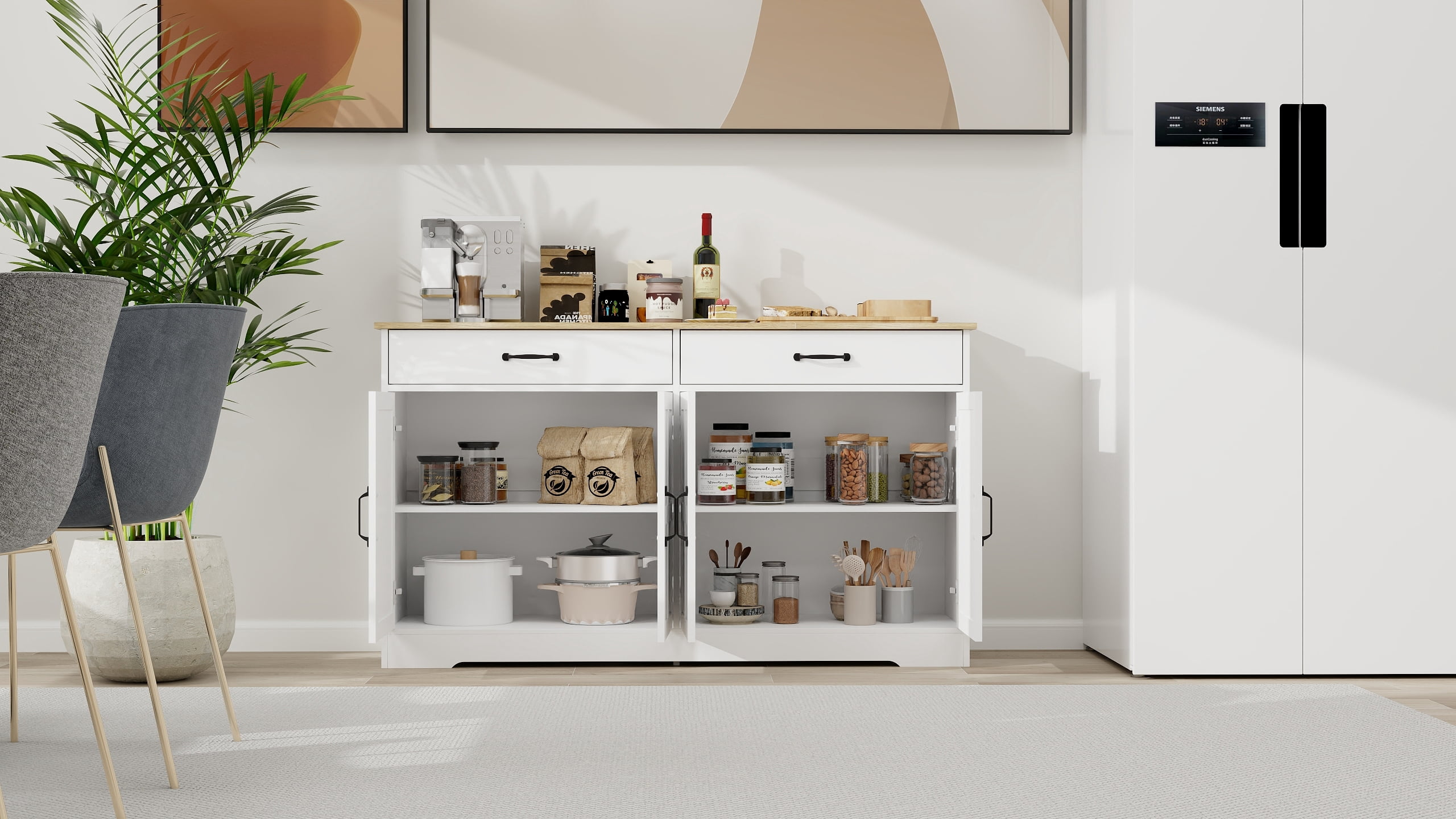 Mintazer Farmhouse Sideboard Buffet Cabinet with 2 Drawers & 4 Doors, Freestanding Storage Cupboard with Adjustable Shelves for Kitchen Dining Room Living Room, White