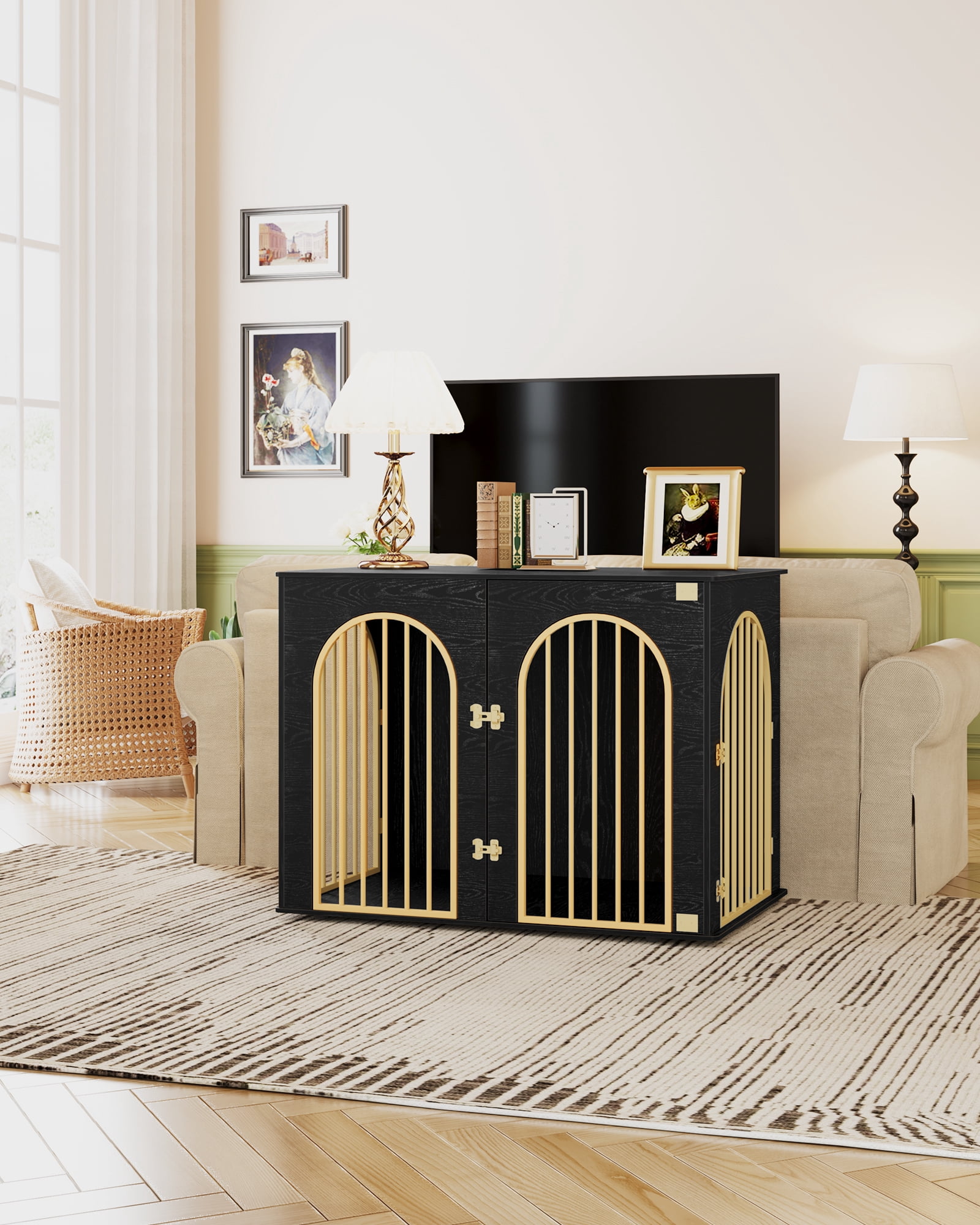 44.1" Dog Crate Furniture, 3 Door Wooden Dog Crate Furniture for Small/Medium/Large Dog,Black Gold