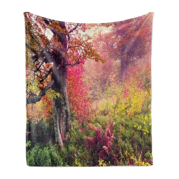 Forest Soft Flannel Fleece Throw Blanket, Fairy Majestic Landscape Autumn Trees in Woodland Natural Garden in Ukraine, Cozy Plush for Indoor and Outdoor Use, 70" x 90", Red Green Brown, by Ambesonne