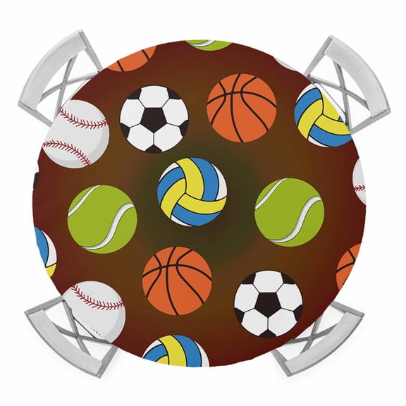 Elastic Fitted Round Tablecloth, Brown Balls Waterproof Stretch Table Cover for 55"-60" Tables, Baseball Tennis Basketball Football Washable Outdoor Tablecloths for Patio, Picnic, Camping