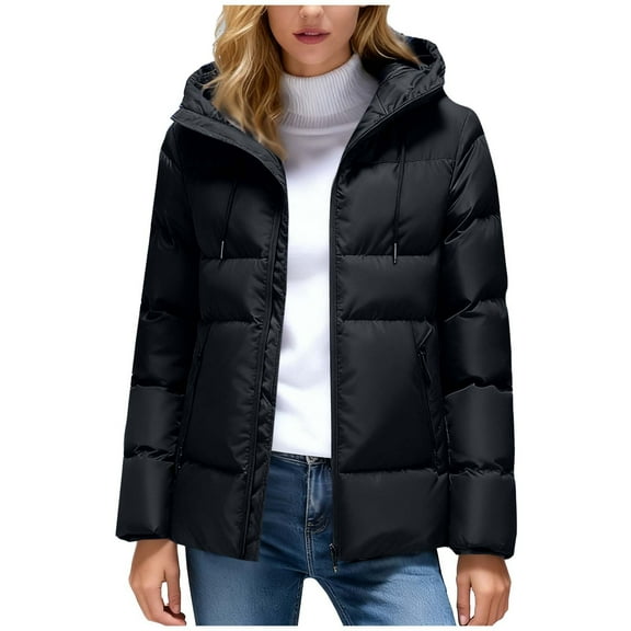 JGGSPWM Women's Cropped Puffer Jackets,Warm Winter Jacket with Hood, Waterproof, Windproof,Zipped Pockets,Short Parkas Quilted Coat Black L
