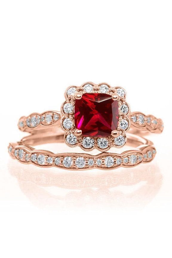 2.25 Carat 7x5mm Emerald Cut Red Ruby And Moissanite Diamond Engagement Bridal Wedding Ring Set in 10k Rose Gold
