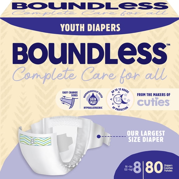 Boundless by Cuties Youth Diapers | Up to 12 Hours of Protection | Skin Smart, Absorbent & Hypoallergenic Youth Diapers with Flexible & Secure Tabs | Size 8 | 80 Count
