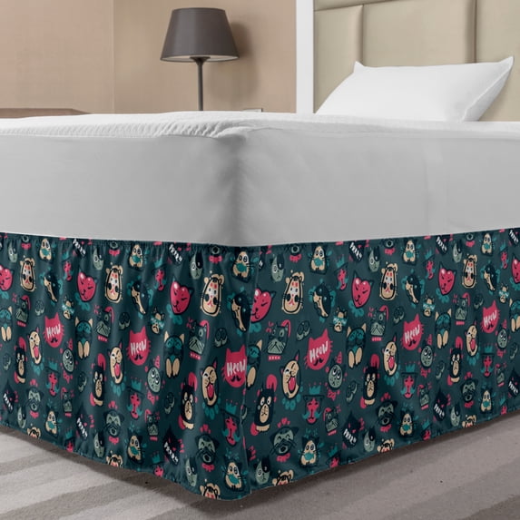 Cat Bed Skirt, Hipster Faces Kitty Pet Heads Avatar Emotion Funny Feline Characters Cartoon, Elastic Bedskirt Dust Ruffle Wrap Around for Bedding Decor, 4 Sizes, Multicolor, by Ambesonne