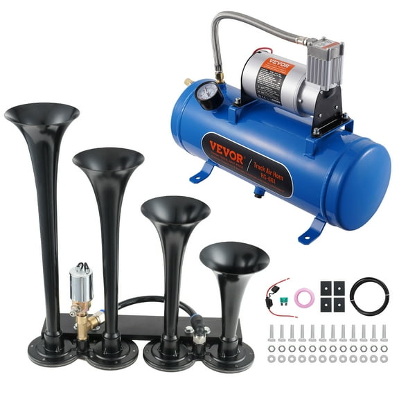 VEVOR Train Horns Kit, 4 Trumpet Air Horn Kit, 150dB Train Horns for Pickup Trucks, 12V 120 psi Air Compressor 1.6 Gal/6 L Tank with Gauge for Any 12V Vehicle Car Truck Train Van Boat