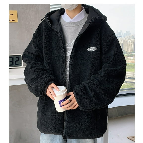 Pejock Men's Thick Wool Blend Hooded Jacket, Heavy Duty Winter Coat with Zip Pockets, Long Sleeve Warm Parka for Outdoor Casual Wear