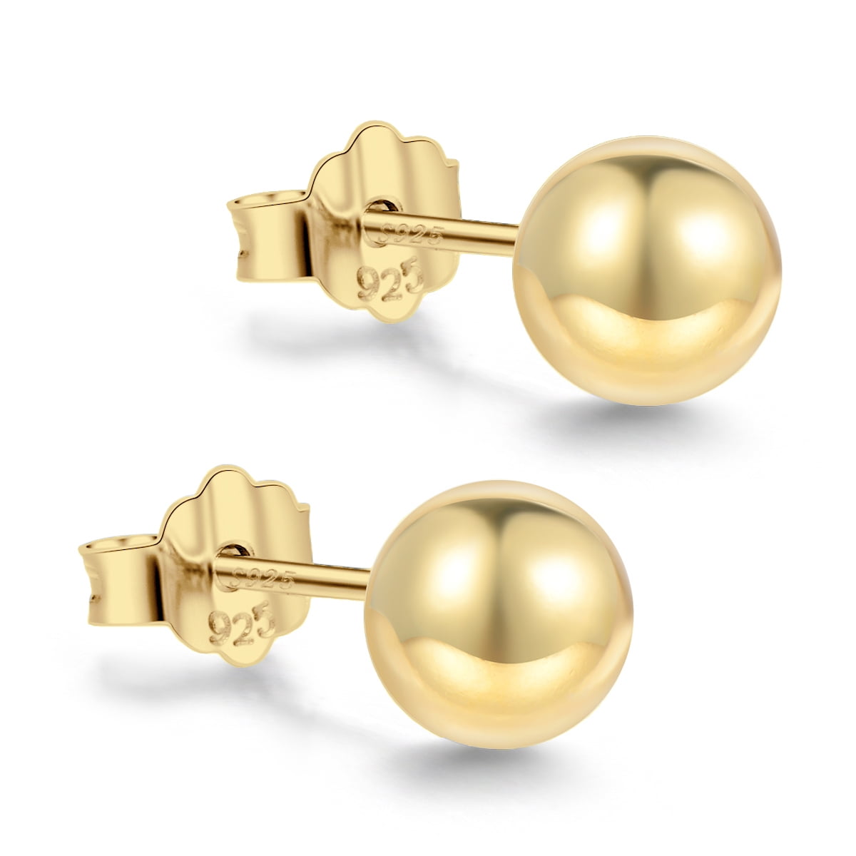 18K Gold Plated Sterling Silver Ball Stud Earrings 5mm, Simple Polished