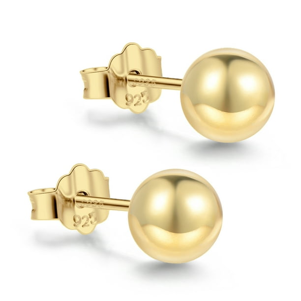 18K Gold Plated Sterling Silver Ball Stud Earrings 5mm, Simple Polished