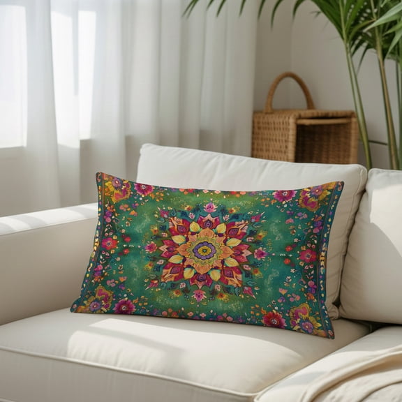 Boho Colorful Flower Throw Pillow Covers, Decorative Pillow Covers With Hidden Zipper Soft Brushed Microfiber Fabric, Farmhouse Blossom Floral on Green Pillowcases for Couch Bed 16x24in