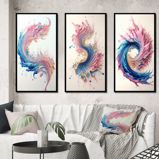 Designart "Swirling Multicolored Paint II" Modern Framed Wall Art Set Of 3 - Pink Abstract Spirals Frame Gallery Set For Office Decor