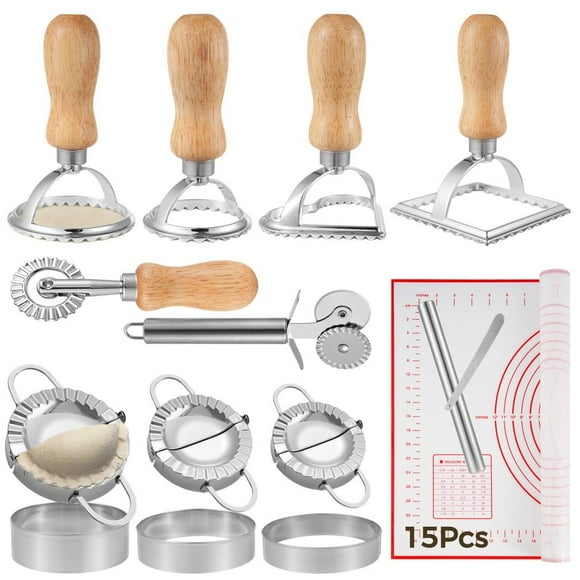 Dumpling Maker Kit Set, 15 PCS Empanadas Press, Ravioli Cutter, Pasta Cutter Wheel And Baking Mat For Ravioli, Stainless Sharp Dumpling Making Tool