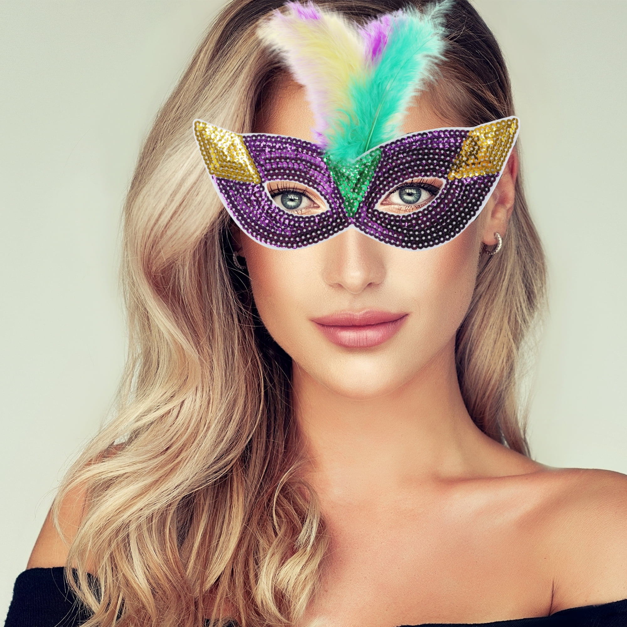 Unique Bargains Colorful Feather Sequins Half Face Party Mask Red Purple