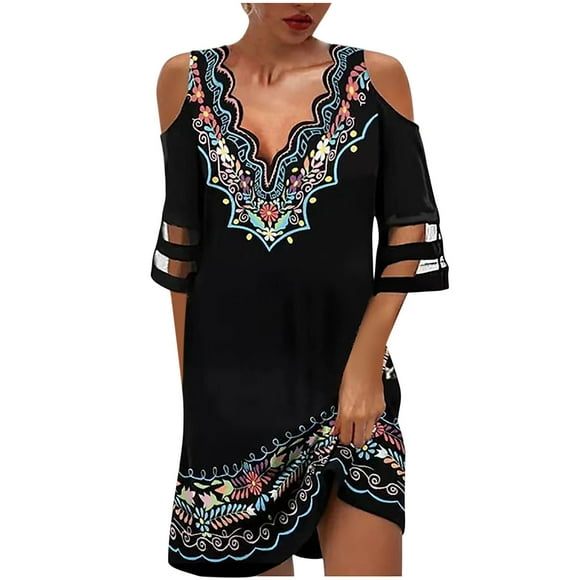 fartey Women Cold Shoulder Dress Mesh Patchwork Short Sleeve Casual Vacation Dresses 2024 Baggy V Neck Floral Print Mini Sundress