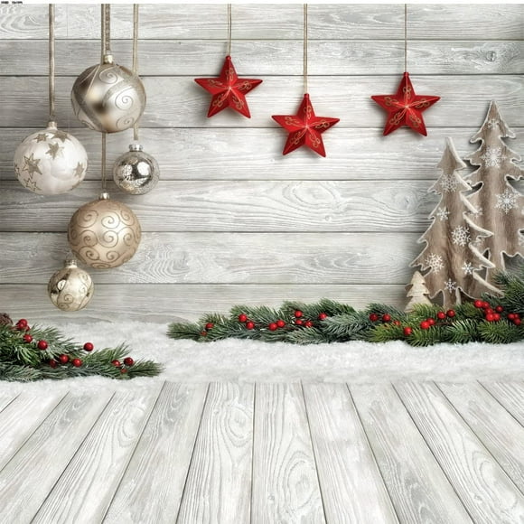 SJOLOON 10x10ft Christmas Balls Backdrop Red Stars Hang on Wood Floor Thin Vinyl Photography Backdrop Prop Photo