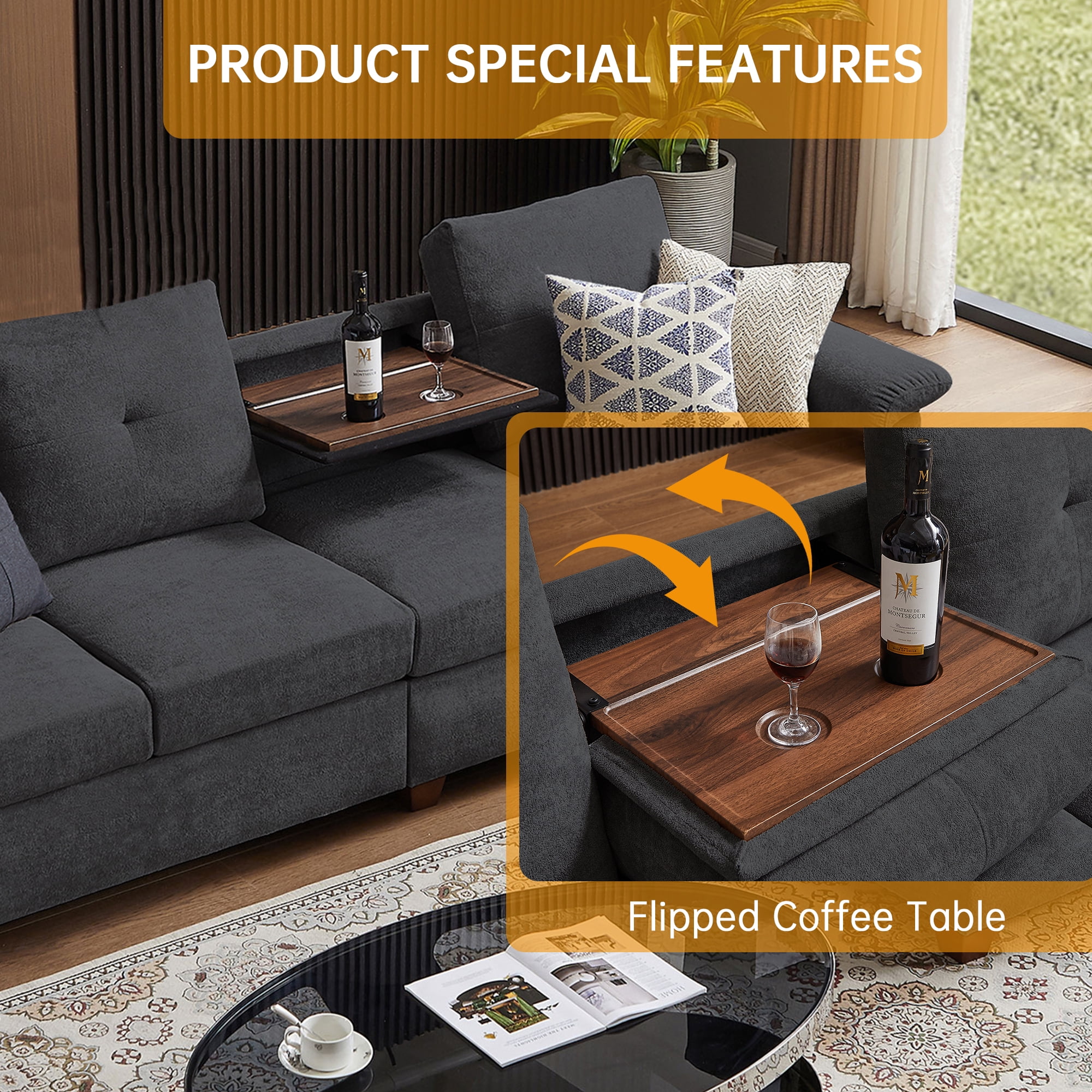 Jarenie Modern Microfiber 4 Seat L Shaped Sectional Sofa, Dark Grey