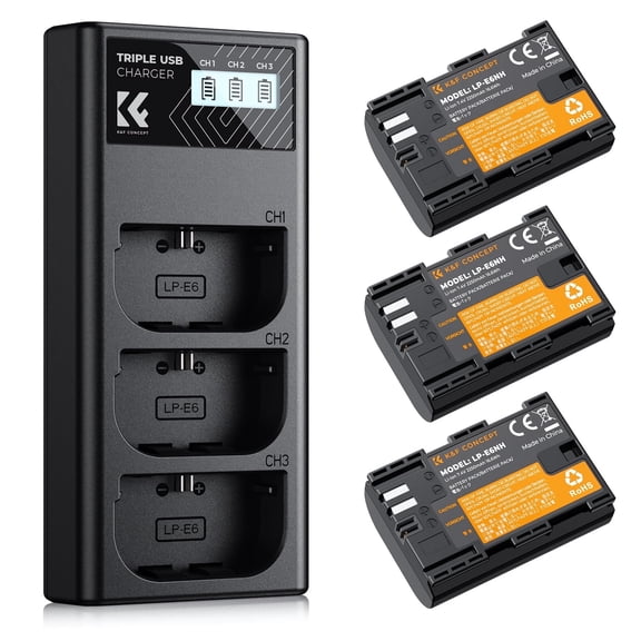K&F CONCEPT 3-Pack LP-E6NH Camera Battery and Triple Slot Charger Compatible with Canon EOS R7, R6, R5, R, 6D Mark II, 5D Mark IV, 5D Mark III, 5DS, 5DS R, 5D Mark II, 80D, 90D, 6D, 7D