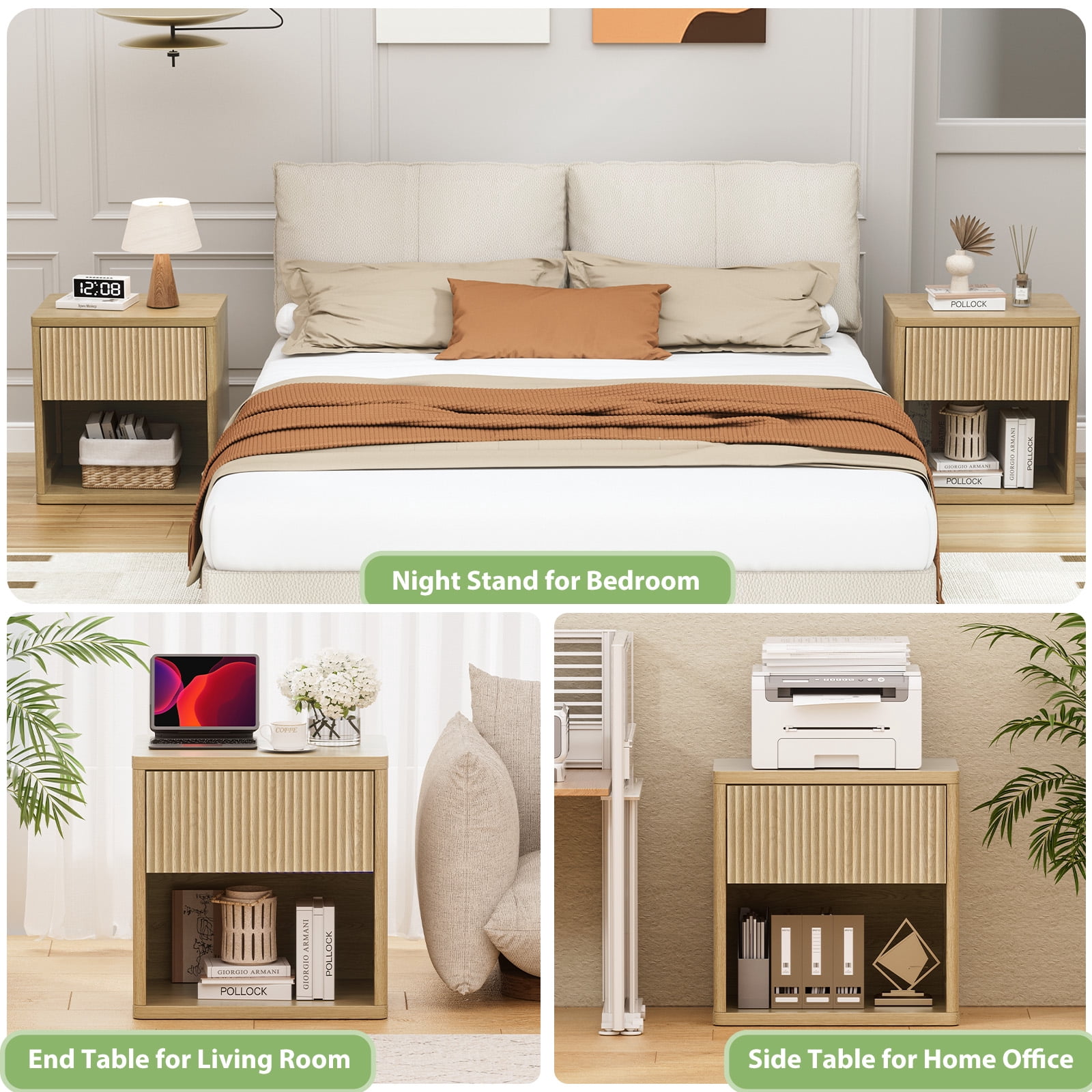 Brafabhome Fluted Nightstands with Drawers for Bedroom, Modern Curved Profile Bedside Table with Open Shelves, Accent End Table with Hidden Drawer for Living Room, Set of 2 | Nature