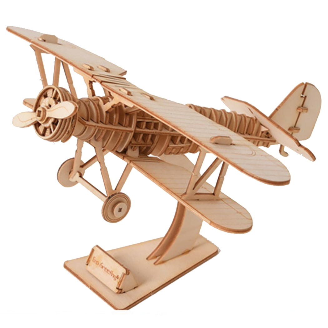 3D Wooden Assembly Puzzle Wood Craft Kit Bi-Plane Model,Gifts for Kids and Adult 